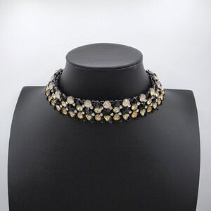 Zara Womens Black Beige Crystal Choker Rhinestone Necklace Boho Statement 16"